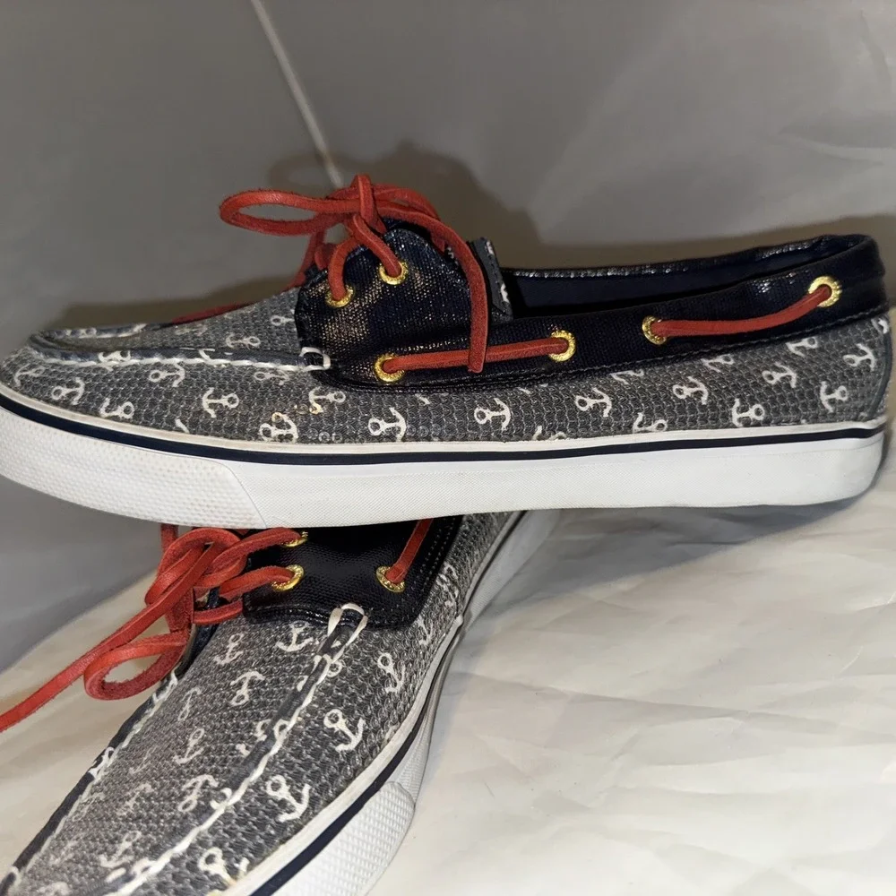 Sz 10M Sperry Top-Sider Leather Boat Shoes‎ 9688771 Navy Clear Sequin EUC
